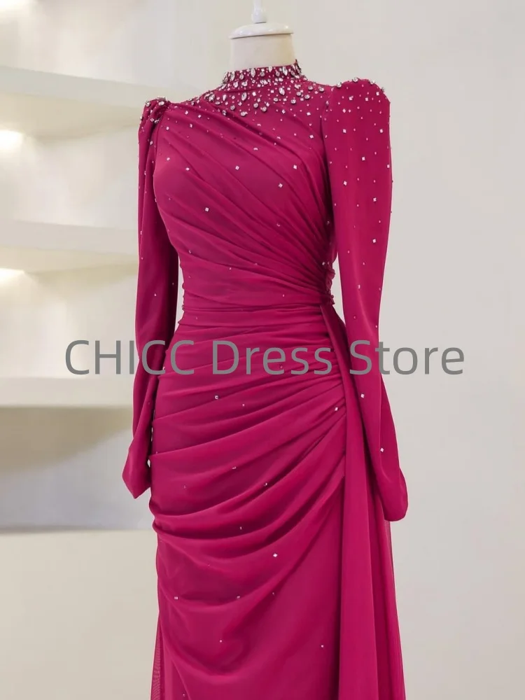 Muslimische Abendkleider aus Tüll, Stehkragen, lange Ärmel, Perlenstickerei, bescheidene formelle Damen-Abschlussballkleider, Hochzeitsgast-Outfits, individuell gestaltet