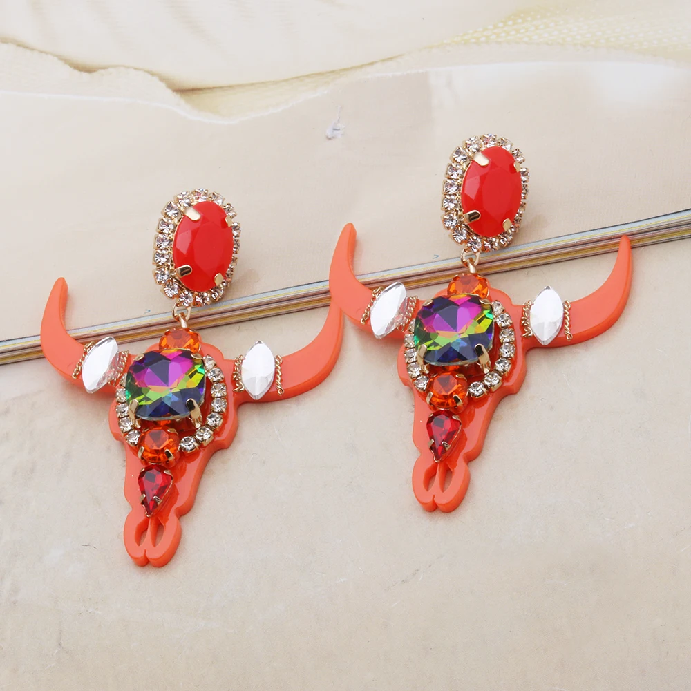 New Gothic Bull Personality Oxhorn Orange Rose Earrings Resin Glass Woman Crystal Large Brinco Ear Oorbellen Wholesale gift