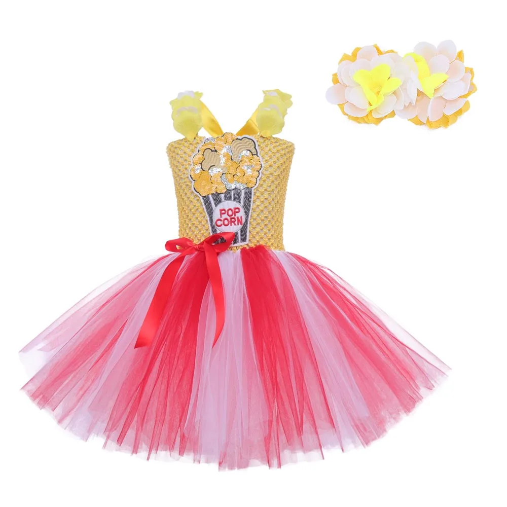 Circus Popcorn Girl Tutu Dress Kids Children Baby Birthday Outfit Photo Props Toddler Princess Food Dress Up Halloween Costume