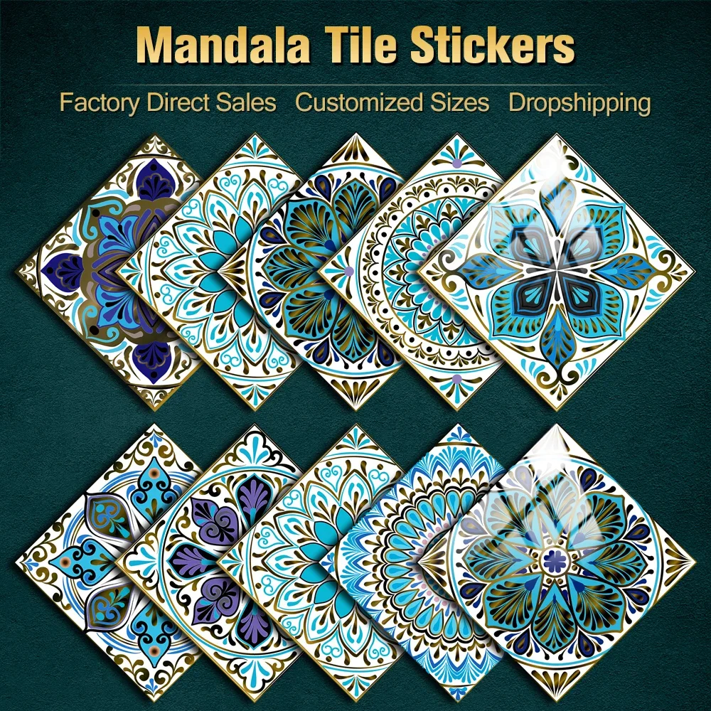 10pcs/set Mandala Crystal Hard Film Tiles Wall Stickers Kitchen Bathroom Wardrobe Decoration Art Mural Waterpro PVC Wall Decor
