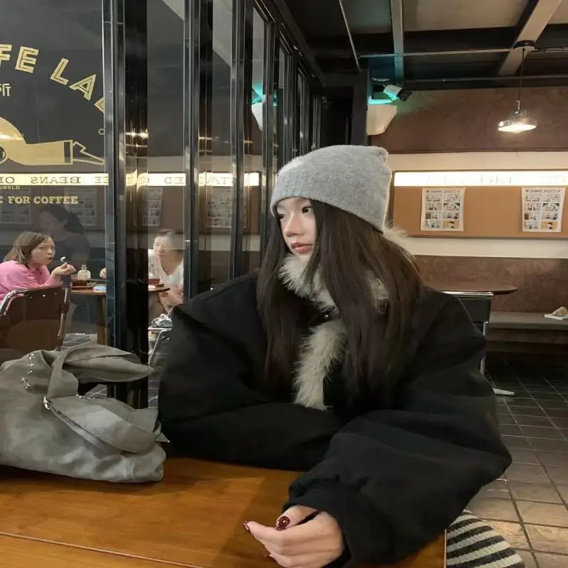 Women's Autumn and Winter Cotton Padded Jacket Outdoor Daily Wear Vintage Faux Fur Coat Winter 2025 New Black Suede Collar Tops