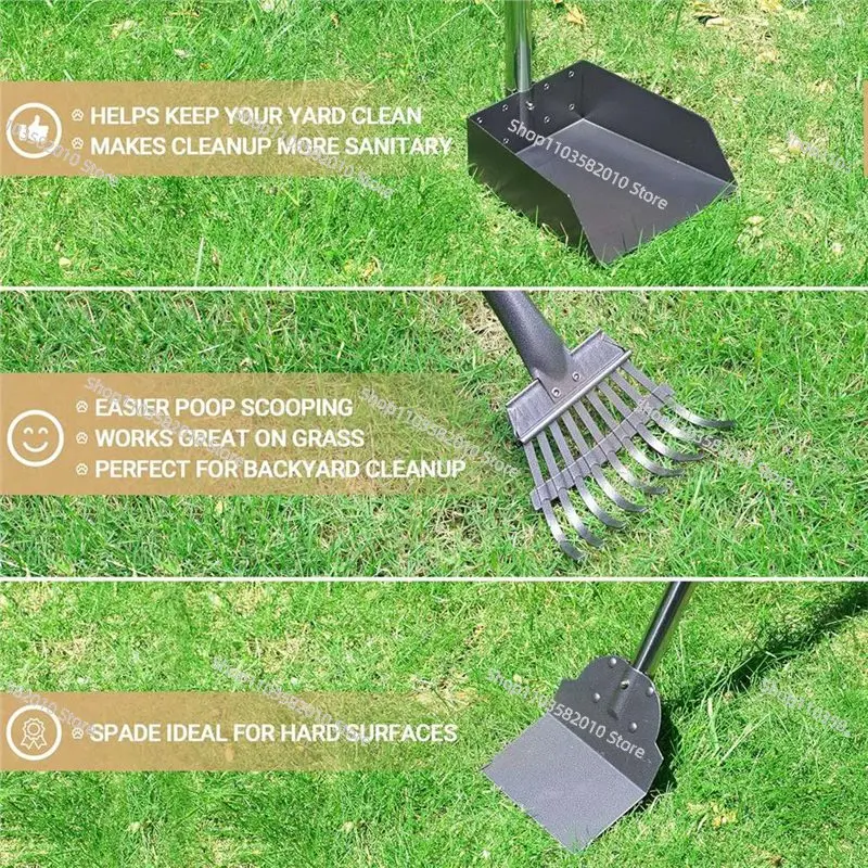 Dog Pooper Scooper, Dog Poop Tray And Rake Set, Pet Waste Removal Scoop With Long Adjustable Sectional Stainless Handle