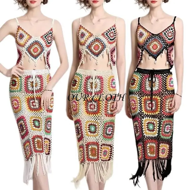 Women Beach Crochet Knit Cami Crop Top and Drawstring Waist Tassels Skirt Set Y1AC