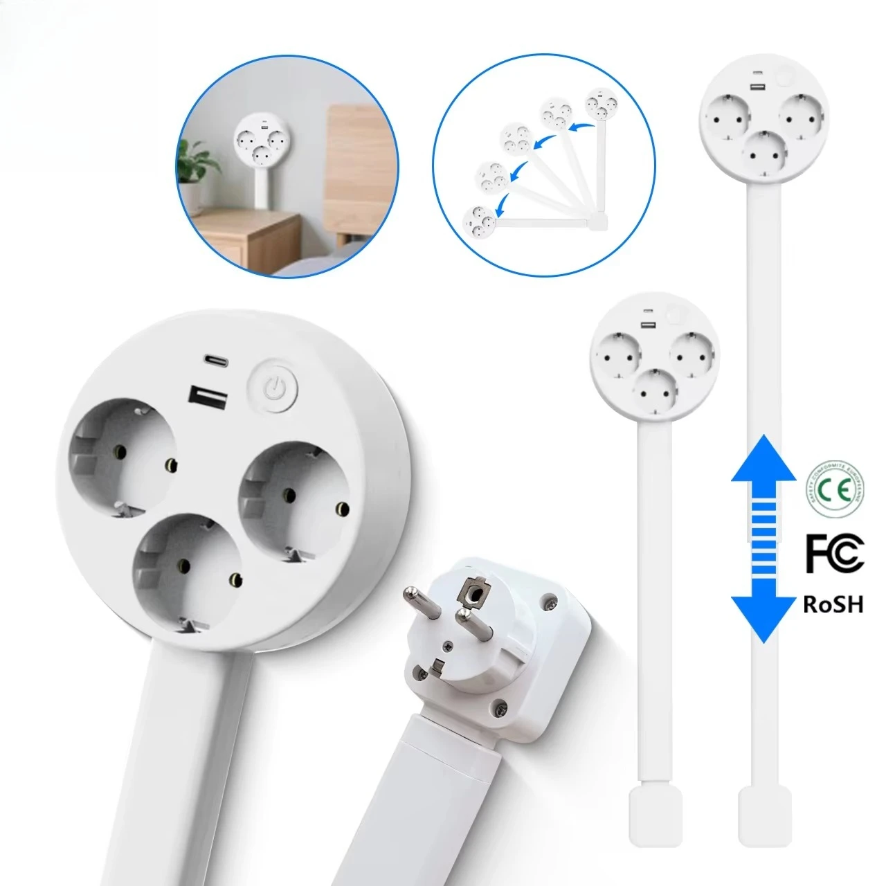 EU Electrical Outlet Extender Plug Wall Outlet Extender Extendable Wall Socket for Behind Couches Nightstands Desks