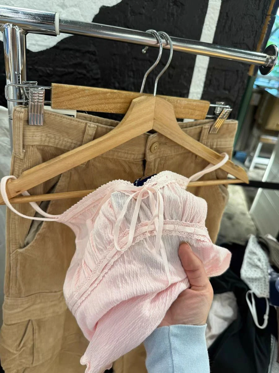 Slanke tanktop met veters en V-hals Dames Zomer Kanten rand Chique textuur Katoenen hemdje Roze Zoet Schattig Preppy stijl Crop Tops Y2k