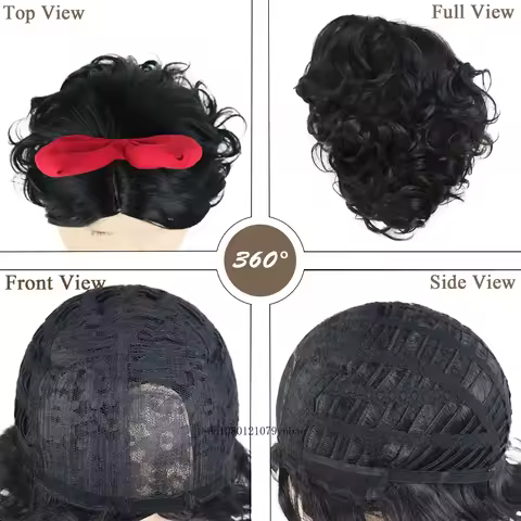 Synthetic Black Halloween Cosplay Wigs with Red Bow Set Short Curly Wig for Women Girls Daily Snow White Costume Anime Drag Wig