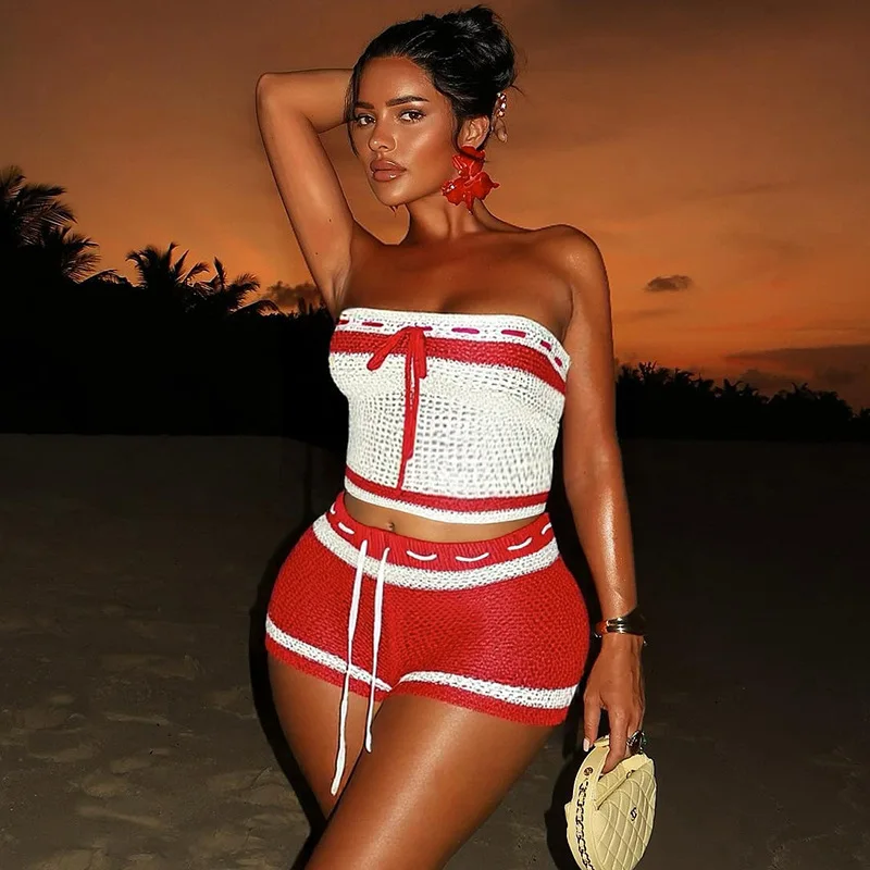 

STYLISH LADY Color Block Striped Knit Two Piece Set Women Strapless Tie Front Bandeau Top Drawstring High Waist Shorts Outfits