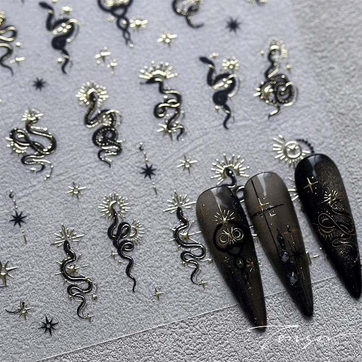 Heißpräge-Stern, Schwarz, Gold, Silber, Schlange, glänzend, selbstklebend, Nagelkunst-Aufkleber, verträumte Starburst, Strass, Tier-Maniküre-Aufkleber
