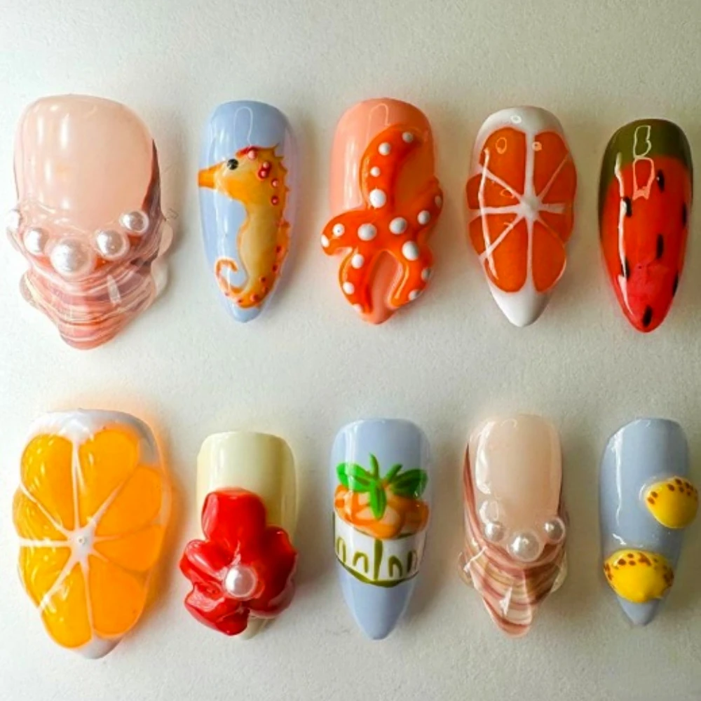 

Press on Nails 10Pcs Manicure Handmade Art Medium Almond Pattern ABS Nails Cute 3D Fruits Style Design Nail with Set