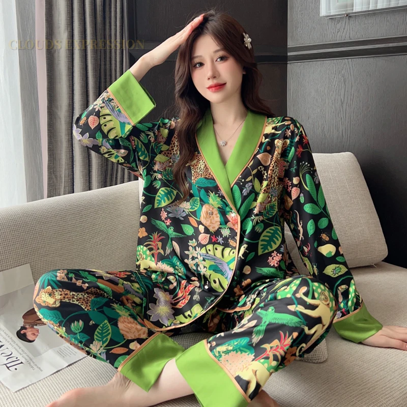 Spring Summer Ladies Faux Silk Polyester Elegant Pajama Sets Sexy Homewear Womens Casual Luxury Pajamas Pajamas Female Sleepwear