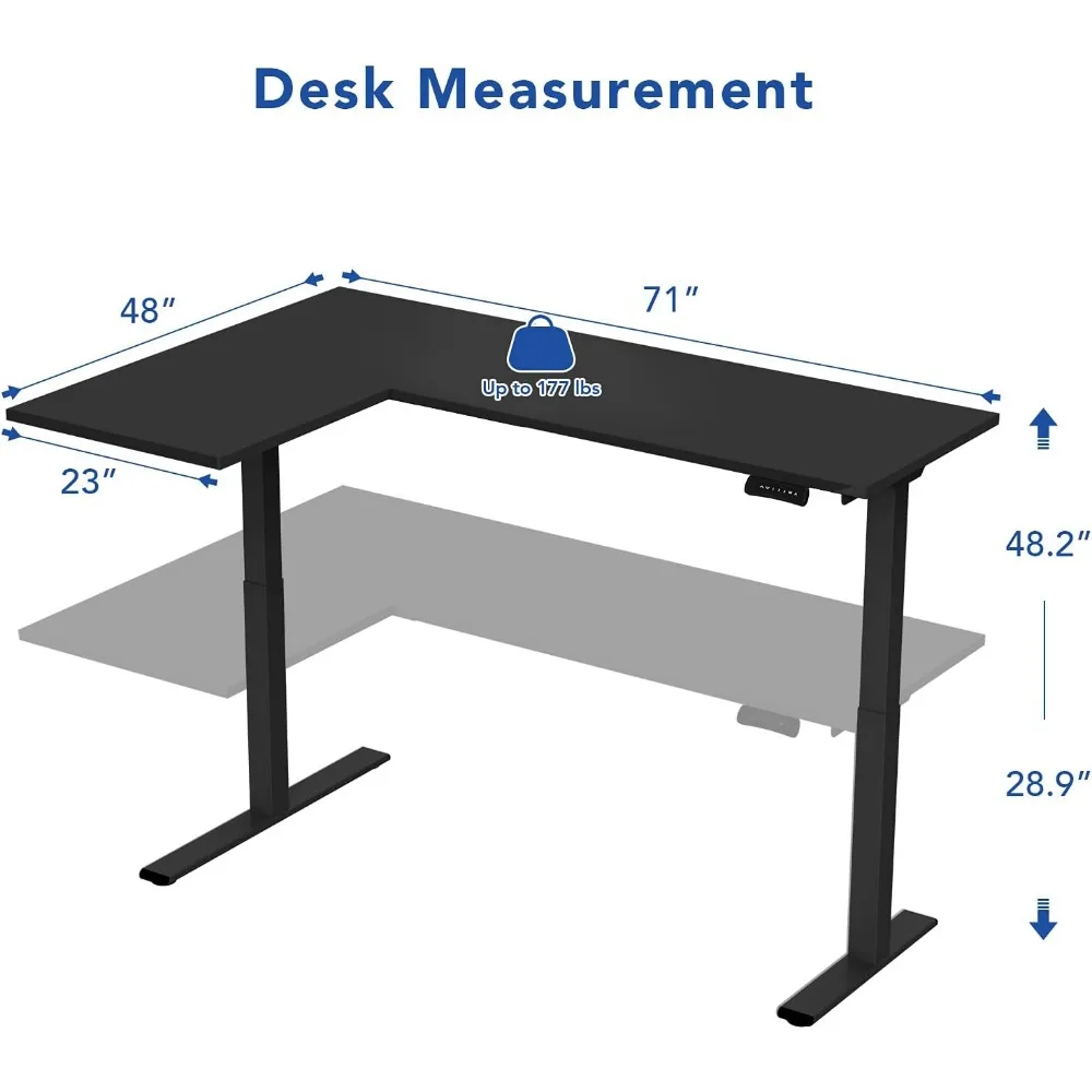 Mesa de escritório vertical em forma de L, 71 x 48 polegadas, motor duplo, mesa de canto elétrica, assento vertical, altura ajustável