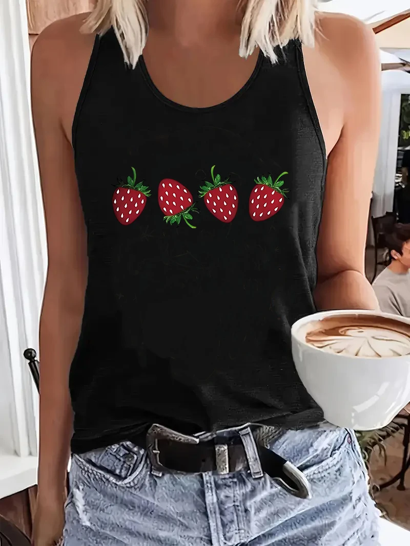 Modisches Erdbeer-T-Shirt, Y2k-Weste, grafisches Tank-Top, ärmelloses Damen-Top mit Rundhalsausschnitt, lässiges Top für den Sommer und Frühling