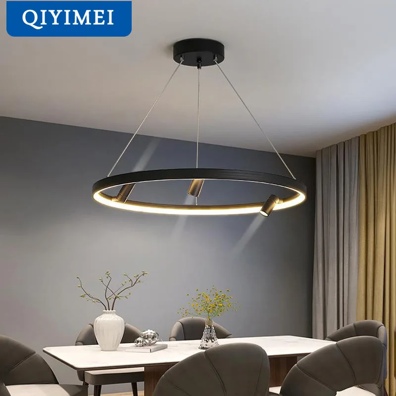 

Remote Dimming Circle Modern LED Chandelier Lights Living Dining Room Pendant Bedroom Hall Lamps With Spotlight Indoor Lighting