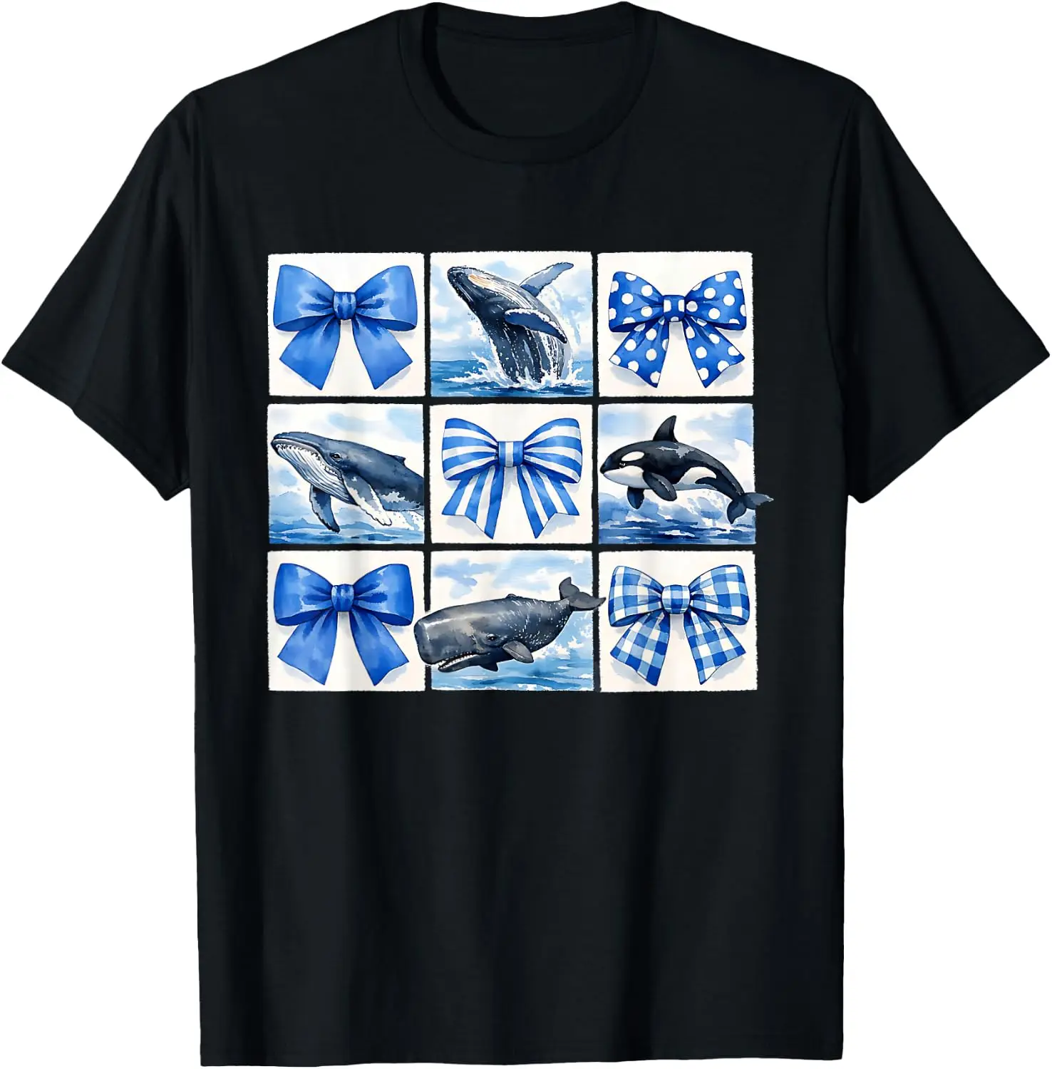 Watercolor Whale And Blue Bows Coquette Grid Graphic T-Shirt 100% Cotton Trendy Y2K Short-Sleeve Tee-Soft, Quick-Drying,