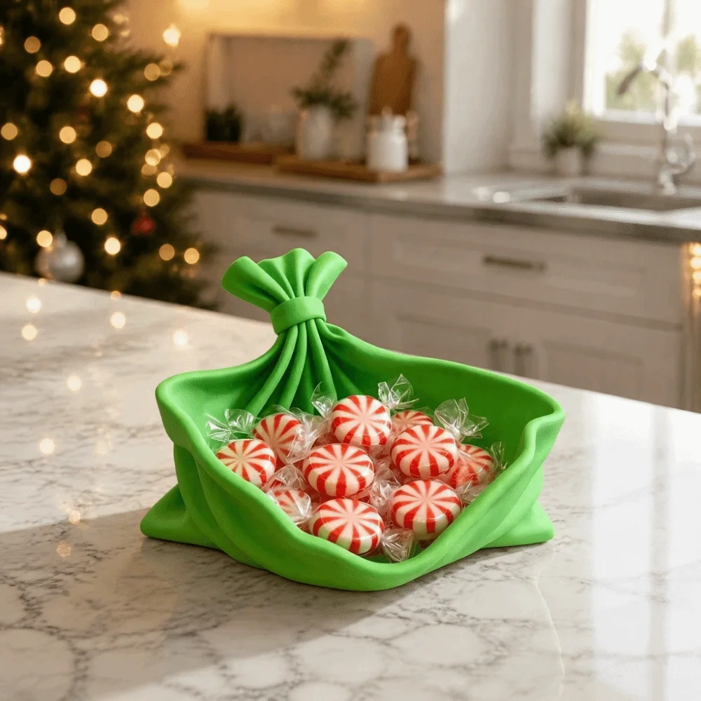Gefaltetes Weihnachts-Dekorations-Aufbewahrungstablett, einfarbig, vielseitig einsetzbar, in Form einer Geschenktüte, lustiges, elegantes 3D-Drucktablett, Weihnachtsparty – Detail 2
