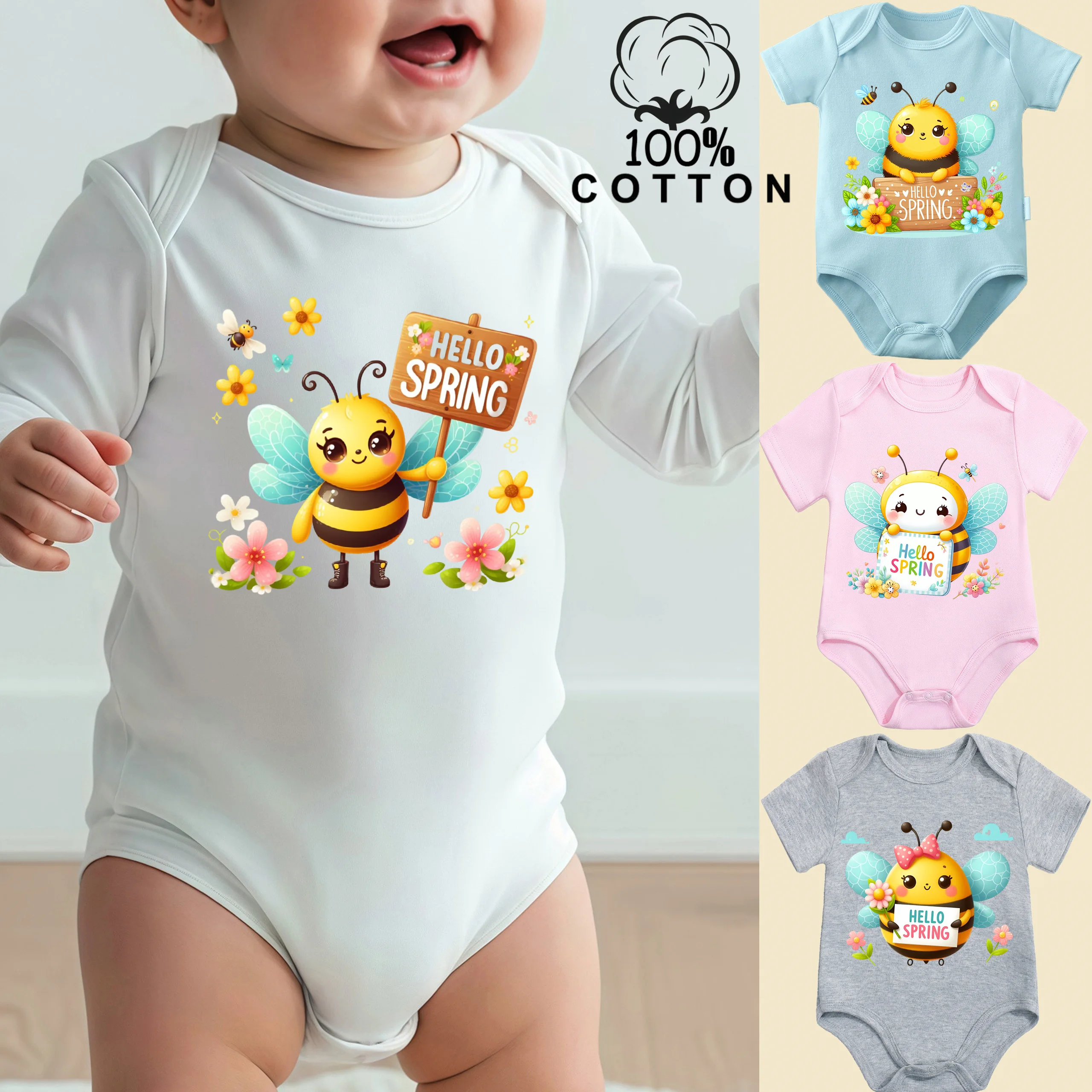 

Ретро-комбинезон Hello Spring Happy Babee из 100% хлопка, удобная одежда для малышей, комбинезон для новорожденных от 0 до 12 месяцев