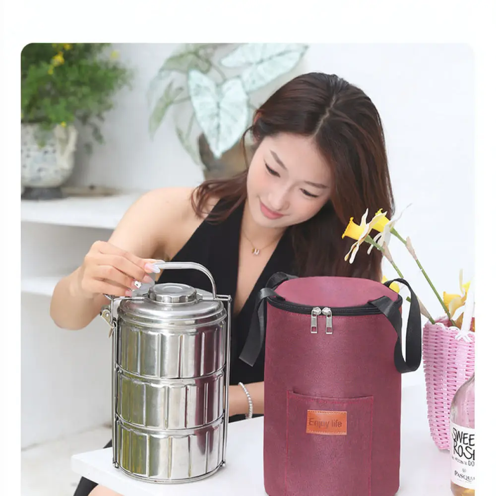 Thermal Insulated Round Lunch Bag Waterproof Oxford Fabric Portable Food Container Pouch For Office School Picnic Storage
