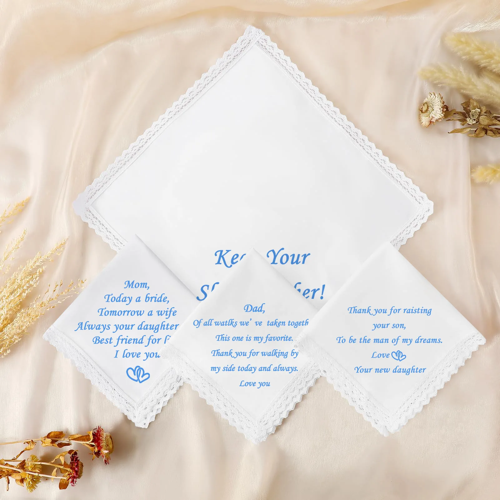6PCS Wedding Handkerchiefs Something Blue for Bride, Mother Of The Bride Gifts Lace Keepsake Bridal Hankies