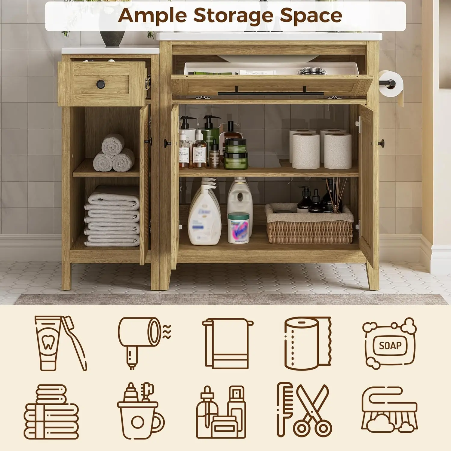 IRONCK 30-Zoll-Badezimmerwaschtisch mit seitlichem Stauraum, freistehender Badezimmerschrank mit Keramikwaschbecken, ausklappbarer Schublade und weichem C