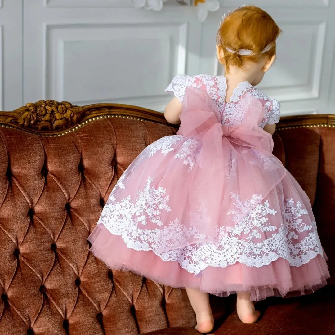 

Custom Floral Baby Girl Dress, Short Sleeve, Dusty Pink and White Appliqué, Wedding, Birthday, Party, and Communion Dress