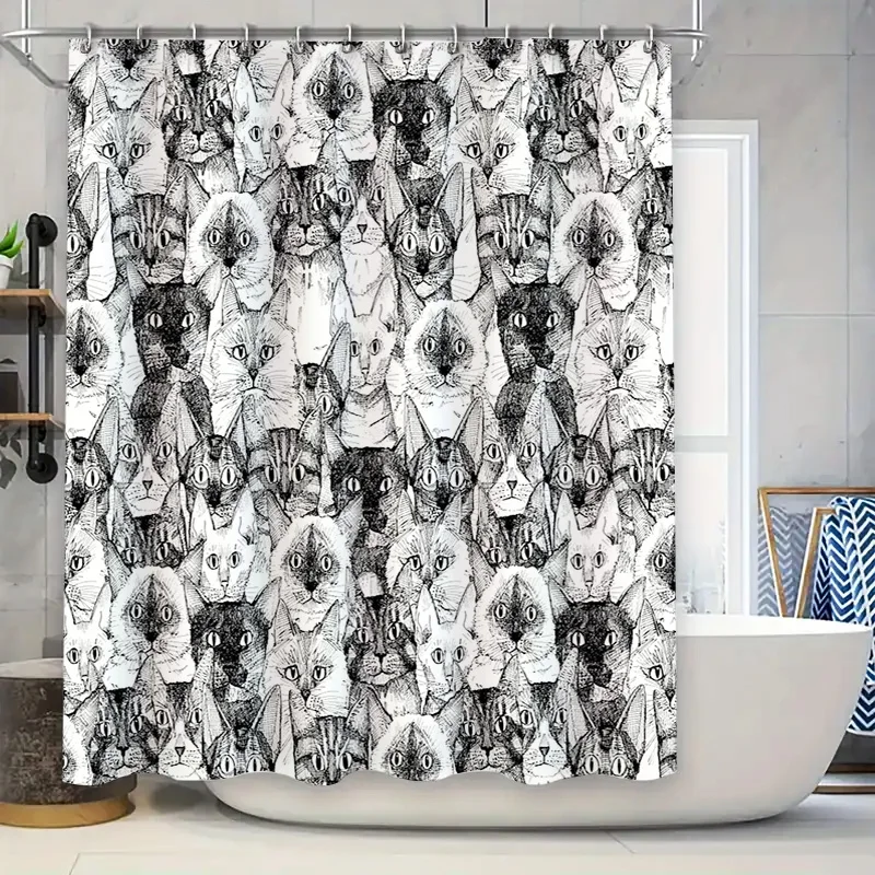 

Cat Shower Curtain Vintage Gothic Animal Pattern Bathroom Decor Waterproof Liner Artistic Home Decoration Modern Black White Tap