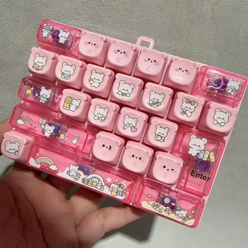 Cute Cartoon Bear Fidget Toy 26 Key Decompression Keyboard Keychain Portable Mini Clicker for Daily Anxiety Relief