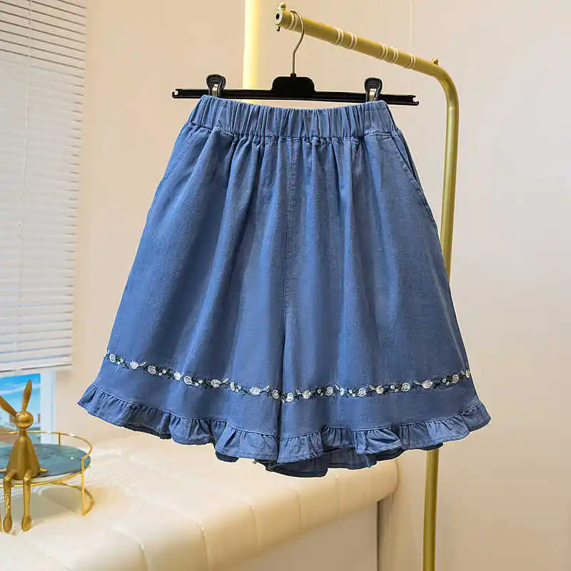 Summer Leisure Denim Shorts Women Loose Embroidery Decoration Elastic High Waist Wide Leg Short Jeans Lady Streetwear