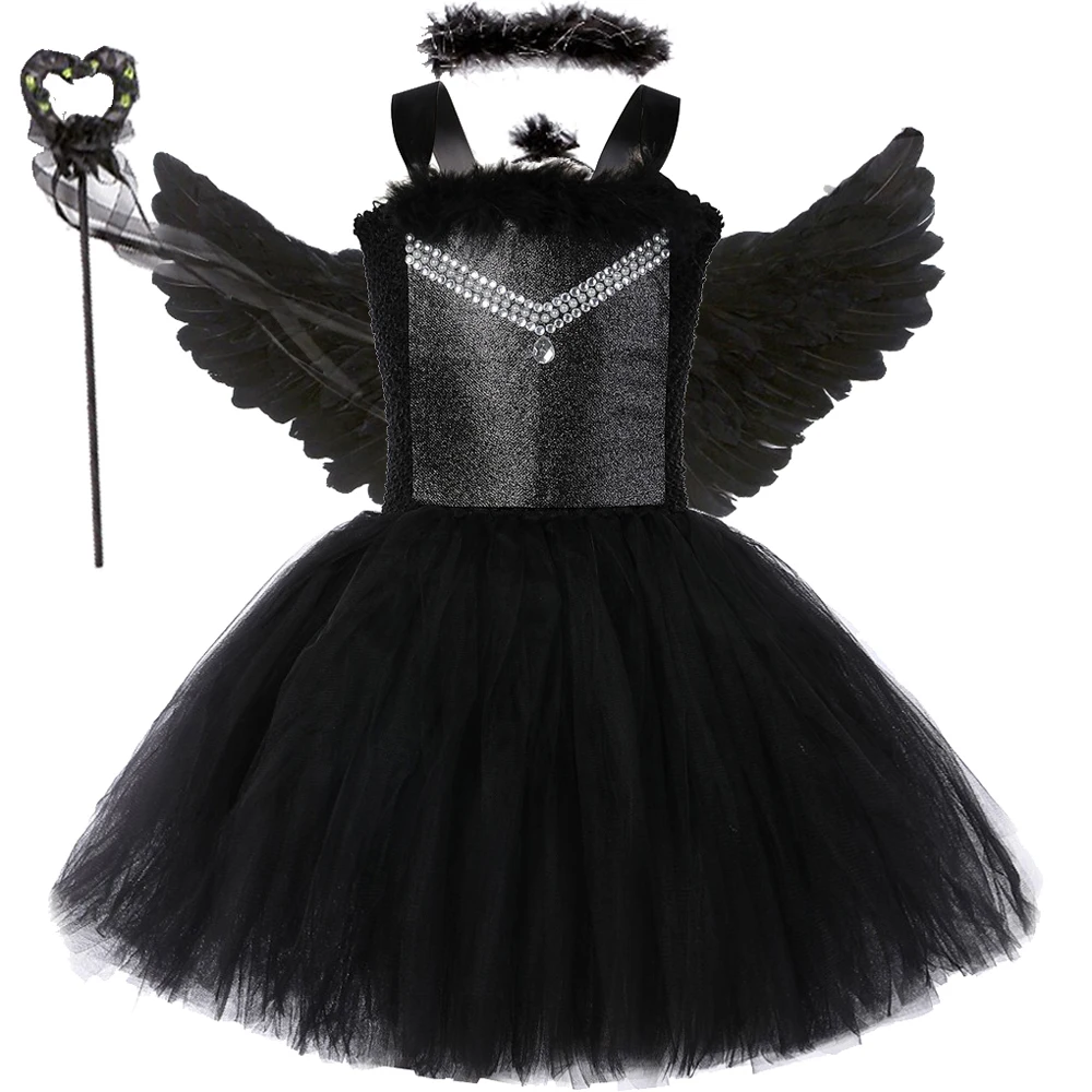 

Black Dark Angel Halloween Costumes for Girls Kids Carnival Party Fancy Dress with Feathers Wings Set Children Scary Tutu Outfit