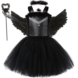 Black Dark Angel Halloween Costumes for Girls Kids Carnival Party Fancy Dress with Feathers Wings Set Children Scary Tutu Outfit