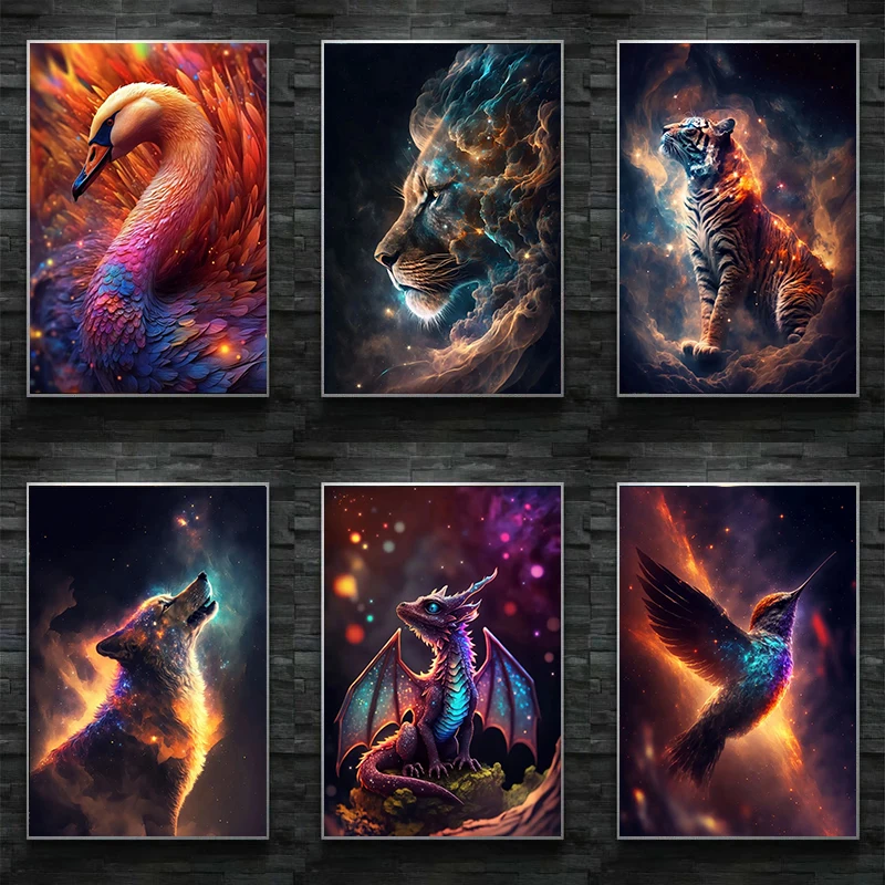 Abstract Cosmic Creatures Elder Dragons Sight Lion Tiger Panther Poster Print Canvas Painting Wall Art Living Room Home 