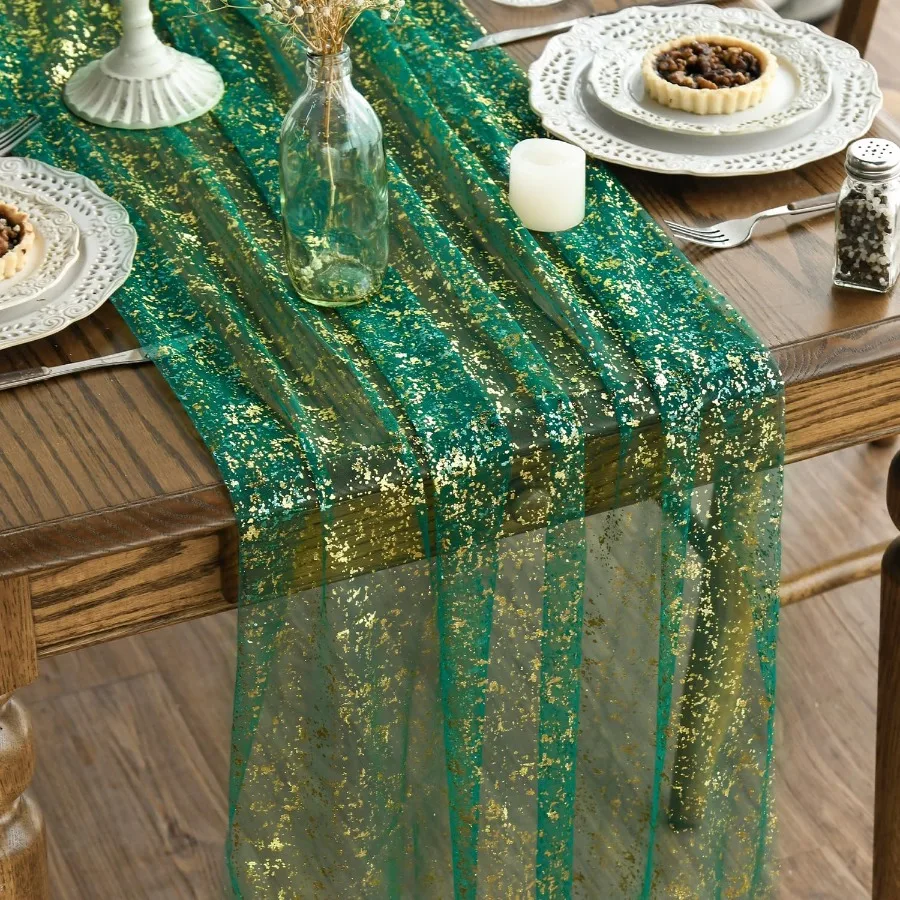 

Artoid Mode Green Gold Gauze Table Runner 120 Inch 10FT Glitter Metallic Foil Sheer Dining Wedding Anniversary Holiday Table De