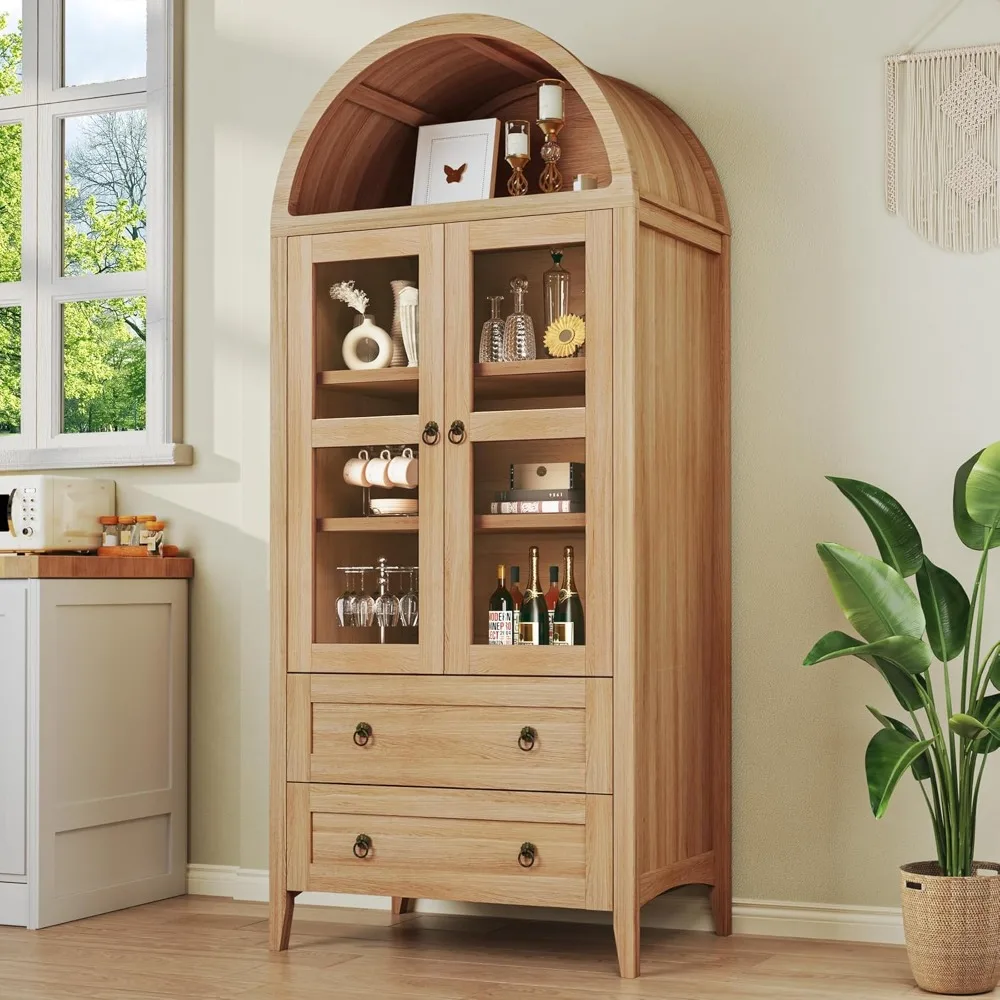 

71" Tall Pantry Cabinet, Arched Cabinet with LED Lights, Kitchen Storage Cabinets with 2 Large Drawers & Adjustable Shelves & Gl
