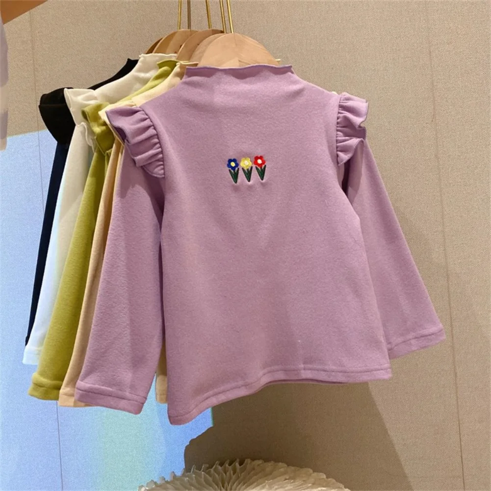 Flower Embroidery Kids Long Sleeve Cotton Toddler T-shirts for Girls Boys Autumn Children Shirts Ruffle Chlid Base Tee Clothing