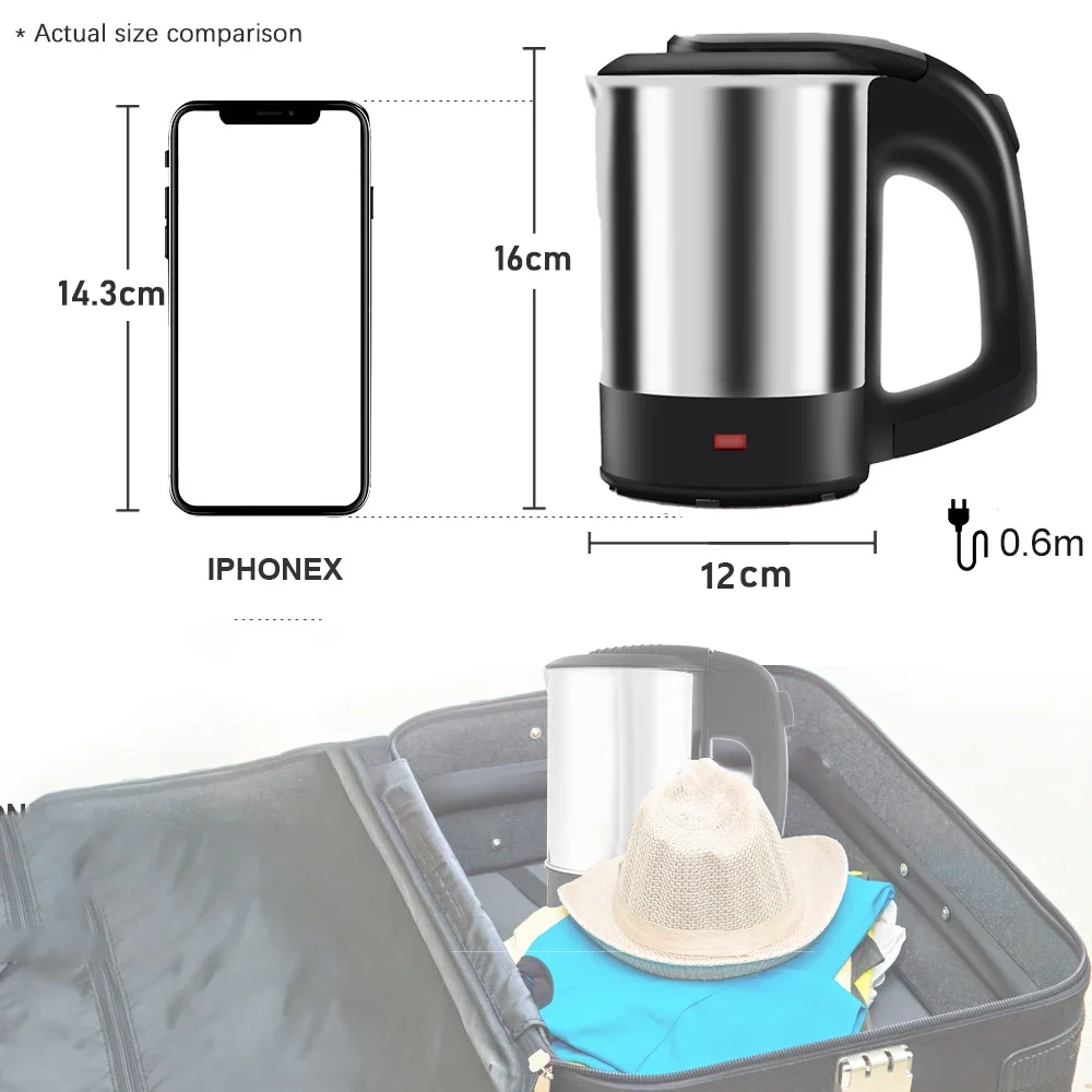 Mini Hervidor eléctrico de acero inoxidable para té y café, caldera de agua portátil de viaje de 1000W, 0,5l, para Hotel, viaje familiar, cortadora vgr T