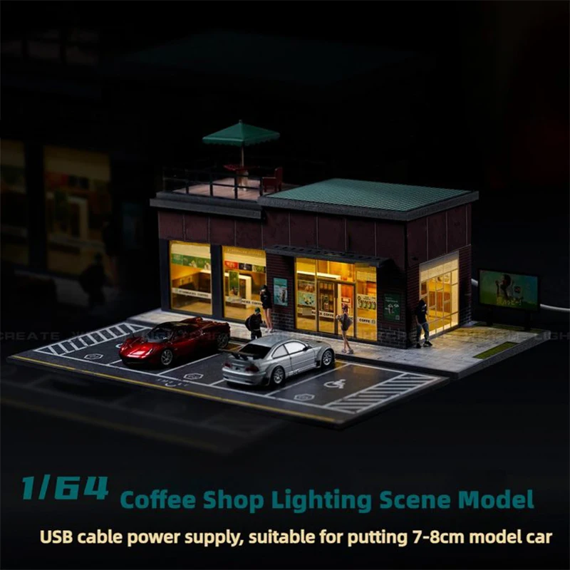 1/64 Diorama Car Garage Models LED Lighting City Street Coffee Shop Car Parking Lot Scene Display Model Gift