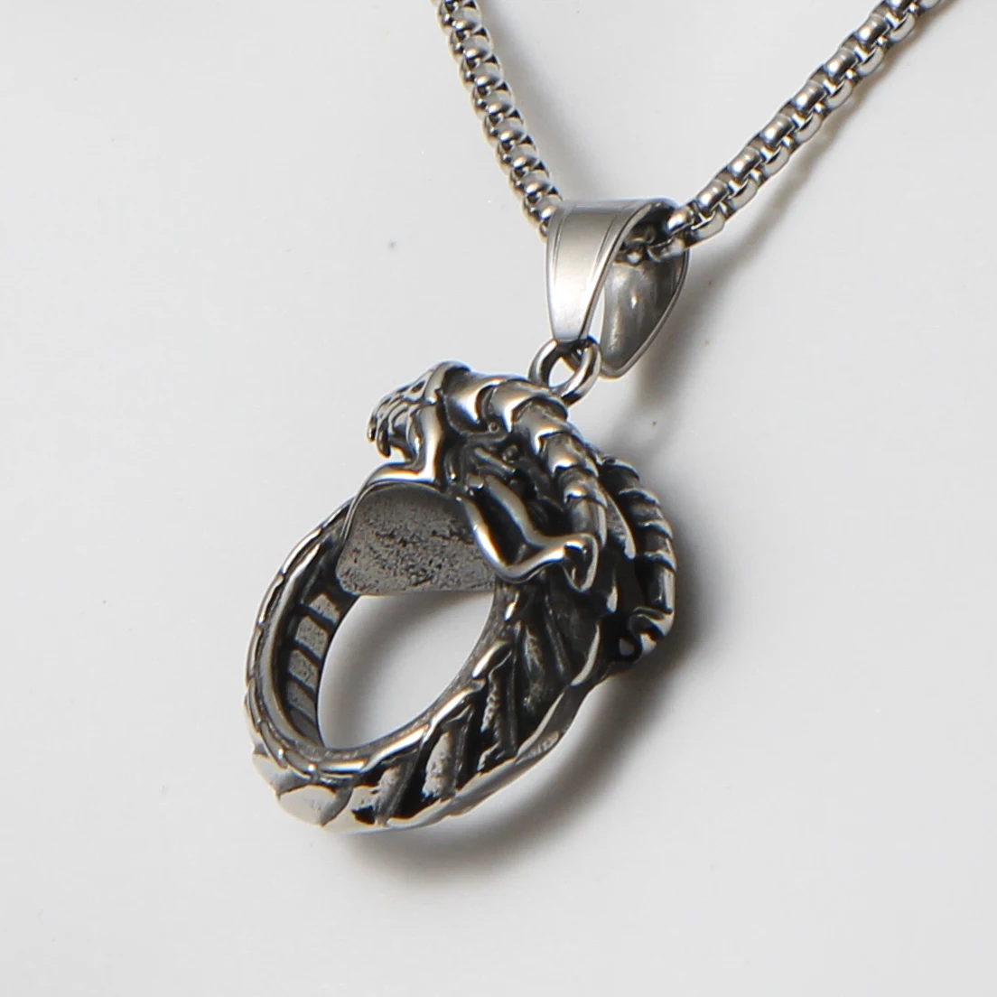 LNCHRAN Men 316L Stainless Steel Ouroboros Dragon Circle Pendant Necklace Box Chain Nordic Vintage Jewelry Gift For Men