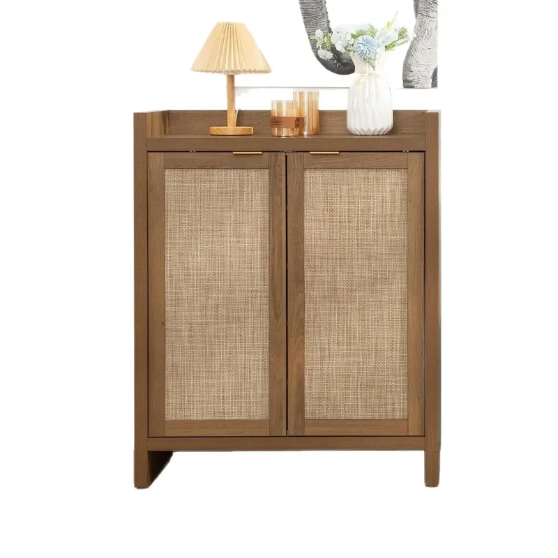 Customizable Rattan Shoe Cabinet Thickened Board Wood Tone High Load Bearing Storage Organizer for Entryway Hallway New