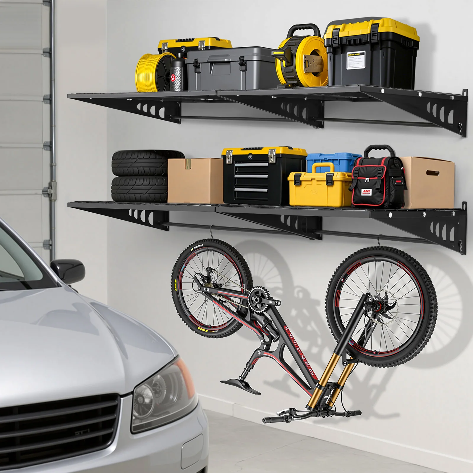 2 Layers Garage Storage Rack Wall Mounted Heavy Duty Shelf Hand Power Mobile Tool Organizer Rack Electric Drill Holder