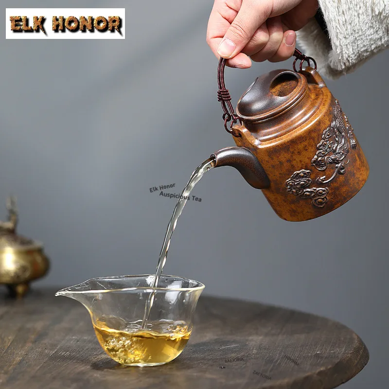 450ml Yixing Purple Clay Teapots Handmade Embossment Dargon Pot Raw Ore Mud Tea Making Kettle With Infuser Chinese Zisha Tea Set