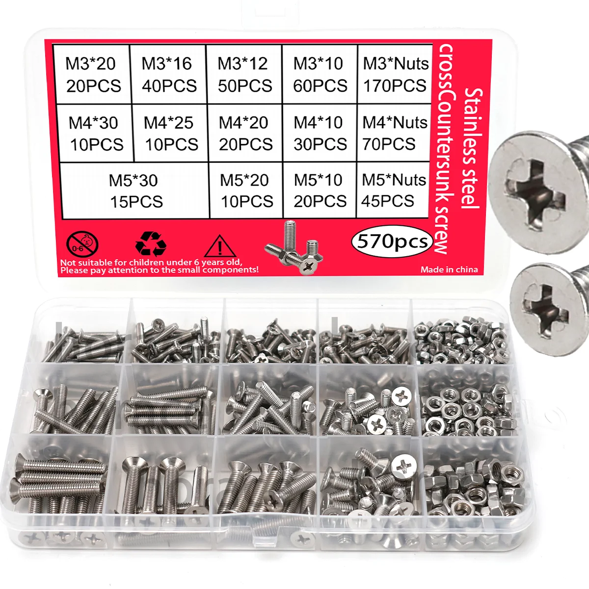 570 pcs Stainless Steel Cross Countersunk Screw and Nut Combination Set Cross Head Precision Machine Screw, M3 M4 M5, DIY Tool B
