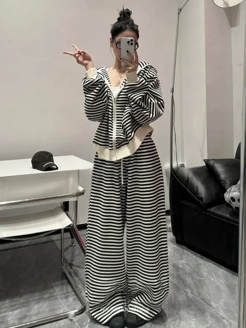 

Casual Sportswear Set Women's Spring Early Spring Korean Striped Hoodie Jacket Top Wide Leg Long Pants One Whole Set