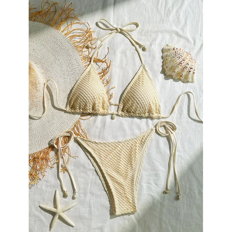 2026 Women Sheer Mesh Shell Halter Neck Bikini Solid Color Sexy Swimsuit Beach Vacation Two Piece Bathing Suit Outdoor Swimwear