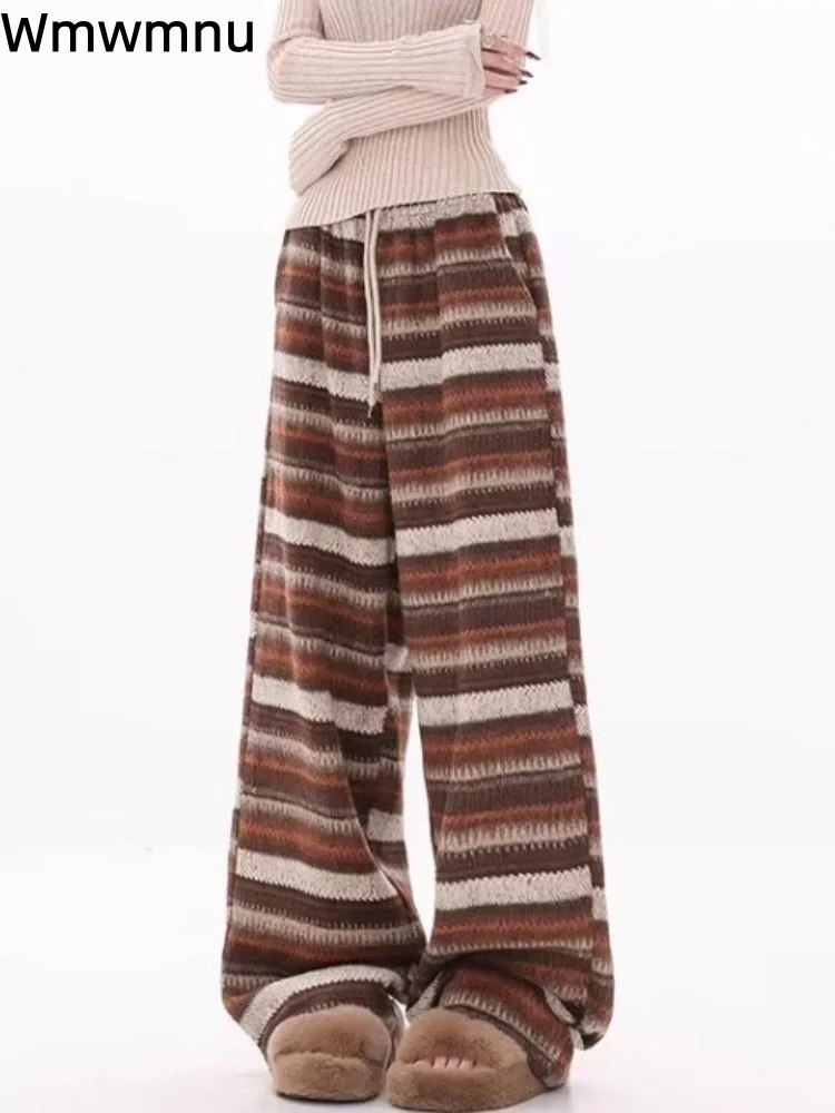 Pantalon épais à rayures Vintage pour femmes, décontracté, mode, jambes larges, cordon de serrage, élastique, taille haute, droit