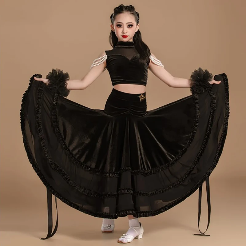 

Детская бархатная одежда для современных танцев для девочек, топ с жемчугом, юбки для вальса, социального танца, костюм, платья для соревнований по бальным танцам