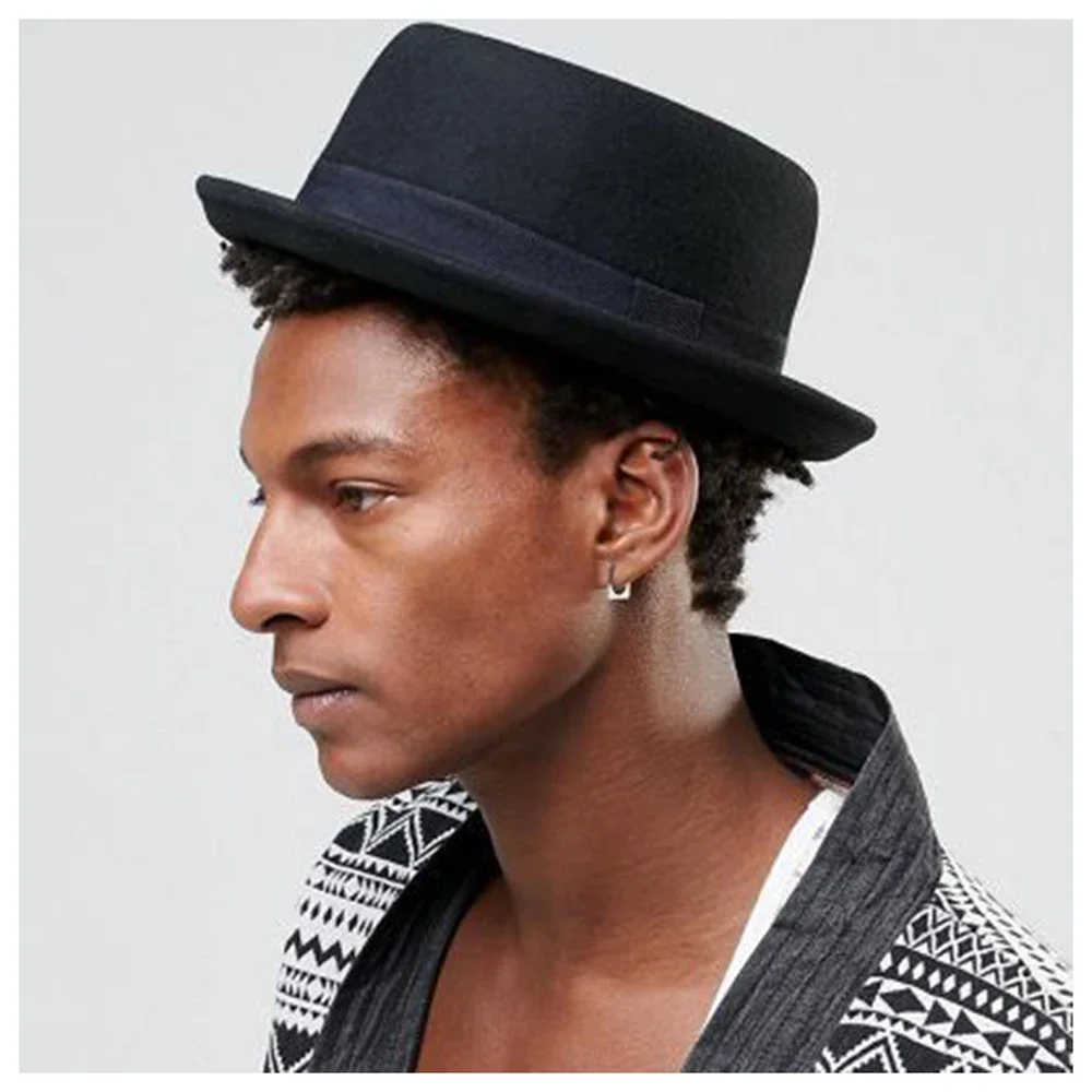 3 Stlye 4 Size 100% Wool Men Pork Pie Hat For Dad Black Fedora Hat For Gentleman Flat Bowler Porkpie Top Jazz Hat S M L XL