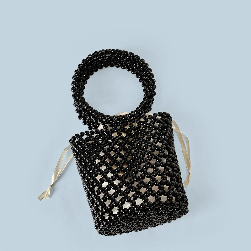 

Fashion Hand-woven Black Acrylic Beaded Bag Design Round Handle Women's Bucket Bag Hollow Out Female Party Evening Clutches