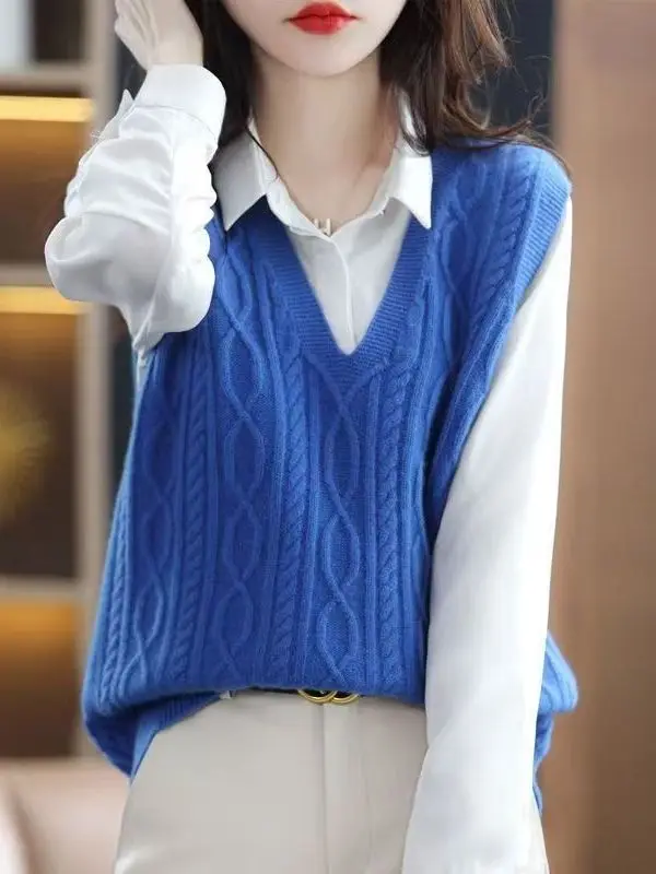 Loose Casual Knitted Vest Women's V-neck Brand Buckle Korean Style New Model Layered Wear Sweater Top Glue Splice Process