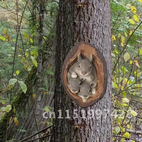 Humorous Cartoon Resin Squirrel Tree Hole Statue Figurine Ornaments for Enchanted Garden Gift Outdoor Decoration Courtyard Acce