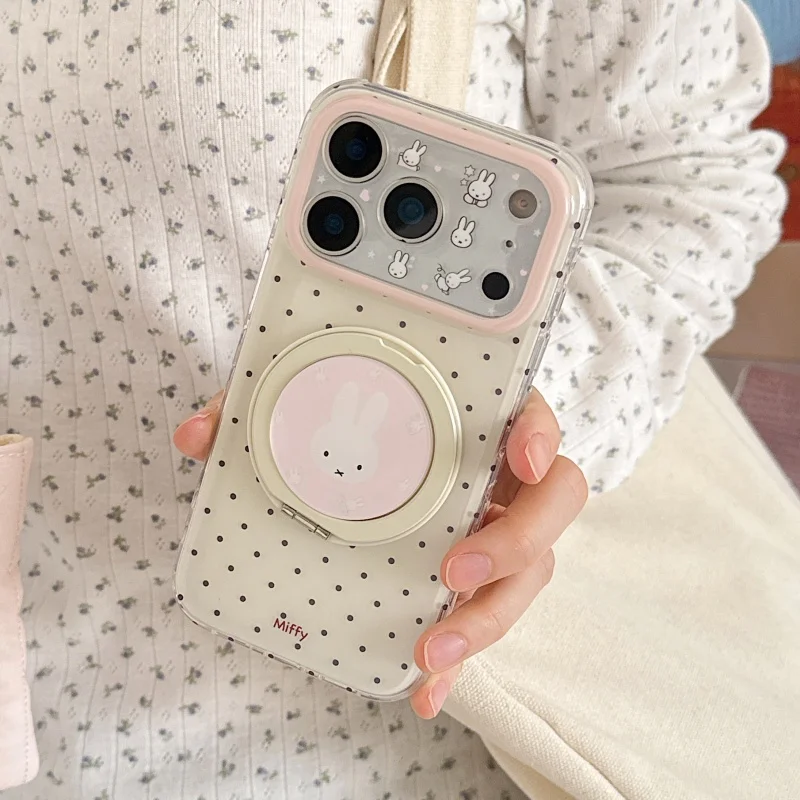 

Fashion Polka Dot Cute Cartoon Miffy Rabbit Case For iPhone 17 Pro 15 16 Pro Max Phone Cover with Rotation Holder Shockproof Cas