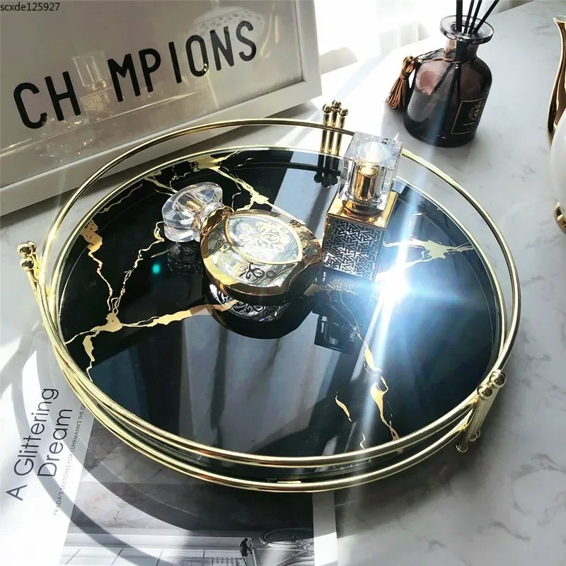 Creative Black Marble Pattern Mirror Tray Cosmetics Jewelry Storage Tray Metal Round Plate Dressing Table Living Room Decoration